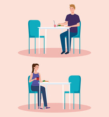 social distance in new concept restaurant , couple on tables, protection, prevention of coronavirus covid 19 vector illustration design