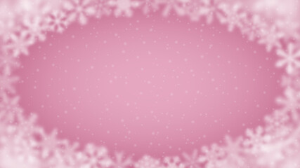 Christmas background of snowflakes of different shape, blur and transparency, arranged in a ellipse, on pink background