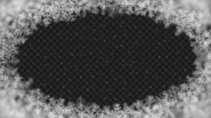 Christmas background of snowflakes of different shape, blur and transparency, arranged in a ellipse, on transparent background