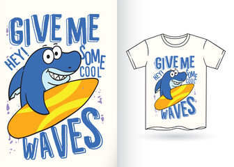 Hand drawn shark surfer cartoon illustration for t shirt