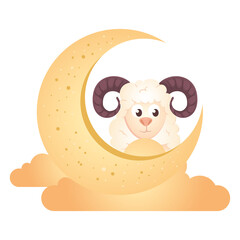 crescent moon with clouds golden and goat animal on white background vector illustration design