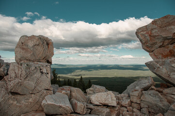 Beautiful landscape with a mountain range in nature and blue sky with white clouds