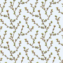 Delicate floral print for fabric, wallpaper or wrapping paper. Watercolor seamless pattern with sprigs of cherries.