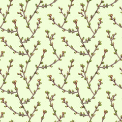 Watercolor floral seamless pattern with sprigs of cherries on yellow background. Delicate print for fabric, wallpaper or wrapping paper.
