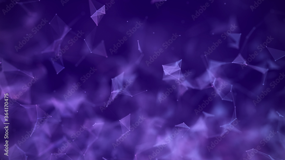 Poster Network connection structure. Low poly shape with connecting purple dots and lines on dark background. 3d rendering.