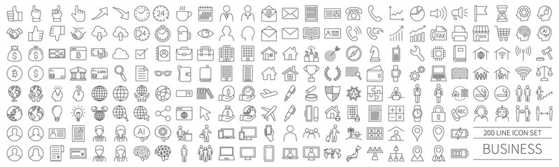 200 line icon set related to business - obrazy, fototapety, plakaty