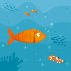 fishes marine animals in ocean, seaworld dwellers, cute underwater creatures, undersea vector illustration design