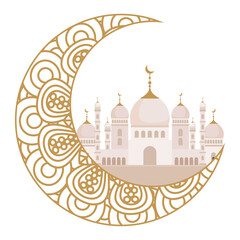 eid celebration ornament on white background, moon with mosque vector illustration design