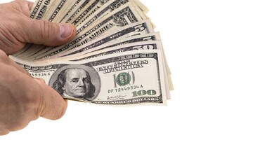 Close up view of male hands holding dollars isolated on white background. Money concept background.