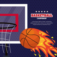 basketball championship, emblem, design with ball of basketball in flaming vector illustration
