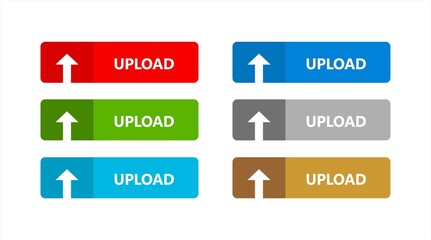 Multi-colored upload button set with upward arrow icon for website and app interfaces. Publishing button set in red, green, blue and brown colours.