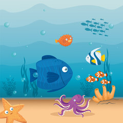 Plakat xxx and wild marine animals in ocean, sea world dwellers, cute underwater creatures, undersea fauna of tropic vector illustration design