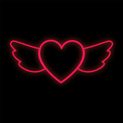 Bright luminous red festive digital neon sign for a store or greeting card beautiful shiny with love wings with a heart on a black background. Vector illustration