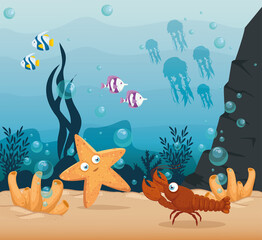 Fototapeta na wymiar lobster and marine animals in ocean, seaworld dwellers, cute underwater creatures, undersea fauna
