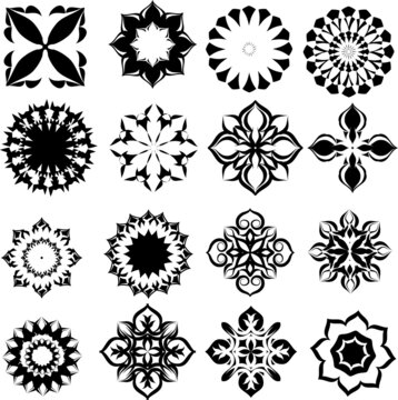 vector clip art of mandalas and flowers elements set in black color.