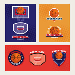 set of basketball emblems, designs of basketball championships with icons vector illustration