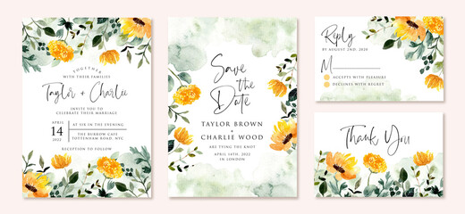 wedding invitation set with yellow green flower garden watercolor