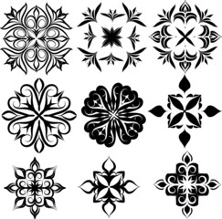 vector clip art of mandalas and flowers elements set in black color.