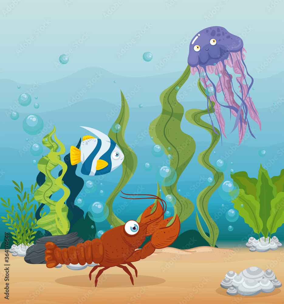 Canvas Prints lobster and marine animals in ocean, seaworld dwellers, cute underwater creatures, undersea fauna