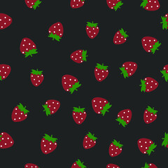 Seamless Strawberries Vector Pattern Illustration. red strawberry on black background black background. For Fabrics, textiles, Dresses, Wallpaper, Gift Wrapping, Coloring, motis, handbags
