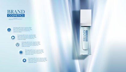 cosmetic bottle on abstract Blue background or banner for cosmetic ads. Blue cosmetic premium. Makeup products brand. 3D illustration.