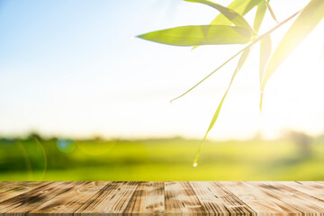 Empty wooden table for product placement with the blur background. The background is the bamboo leaves and golden shining sunrise blurred.