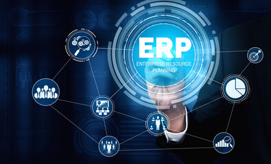 Enterprise Resource Management ERP software system for business resources plan presented in modern...