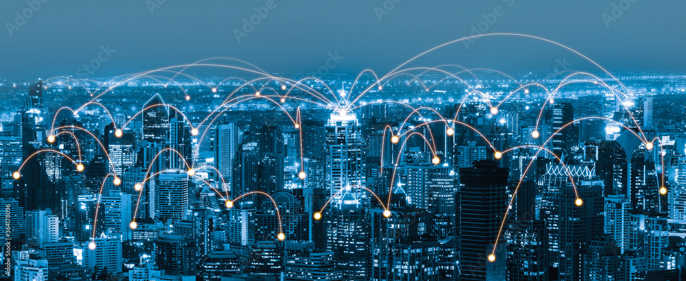 Poster the modern creative communication and internet network connect in smart city . concept of 5g wireles