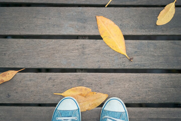 Sneaker shoe on wooden bridge with yellow dry leaves.