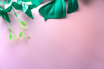Top view of green nature tropical leaf on pink pastel vintage style tone abstract background with copy space.
