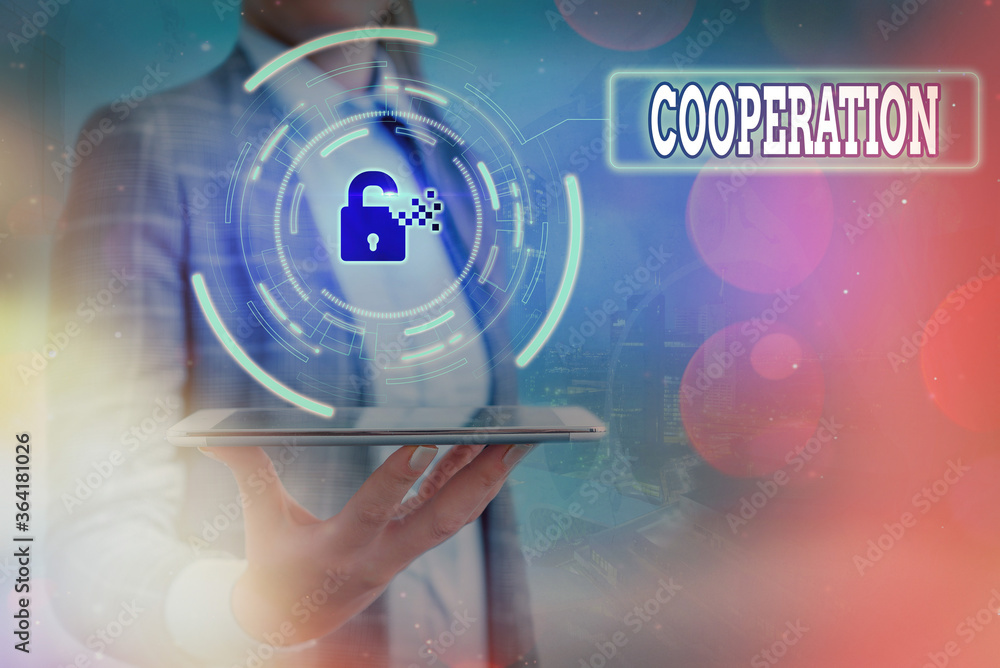 Poster text sign showing cooperation. business photo text the acts of someone supportive in doing what is n