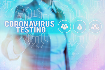 Word writing text Coronavirus Testing. Business photo showcasing Collection of samples from a...