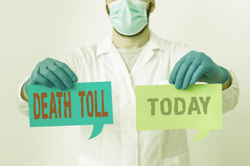 Writing note showing Death Toll. Business concept for the number of deaths resulting from a...