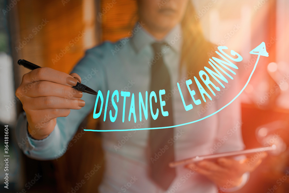 Poster text sign showing distance learning. business photo showcasing educational lectures broadcasted over