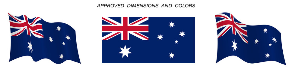 Flag of Australia in static position and in motion, developing in the wind in exact colors and sizes, on a white background