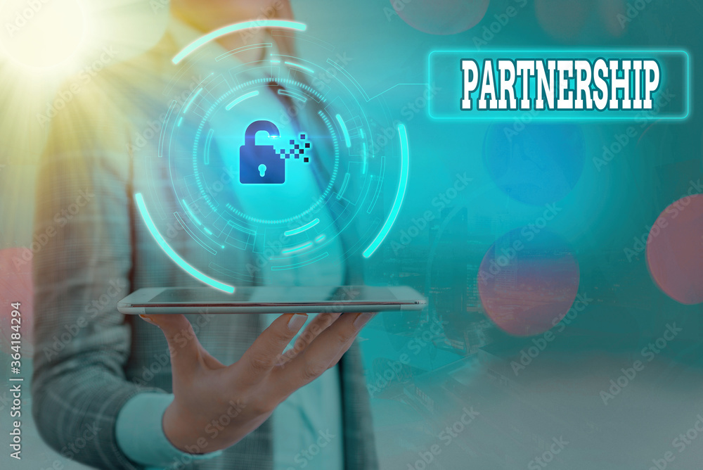 Poster text sign showing partnership. business photo text business type in which two or more individuals sh