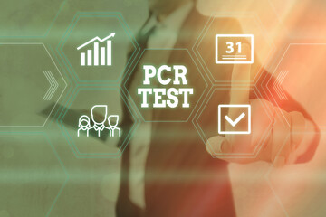 Text sign showing Pcr Test. Business photo showcasing qualitative detection of viral genome within the short seqeunce of DNA Grids and different set up of the icons latest digital technology concept