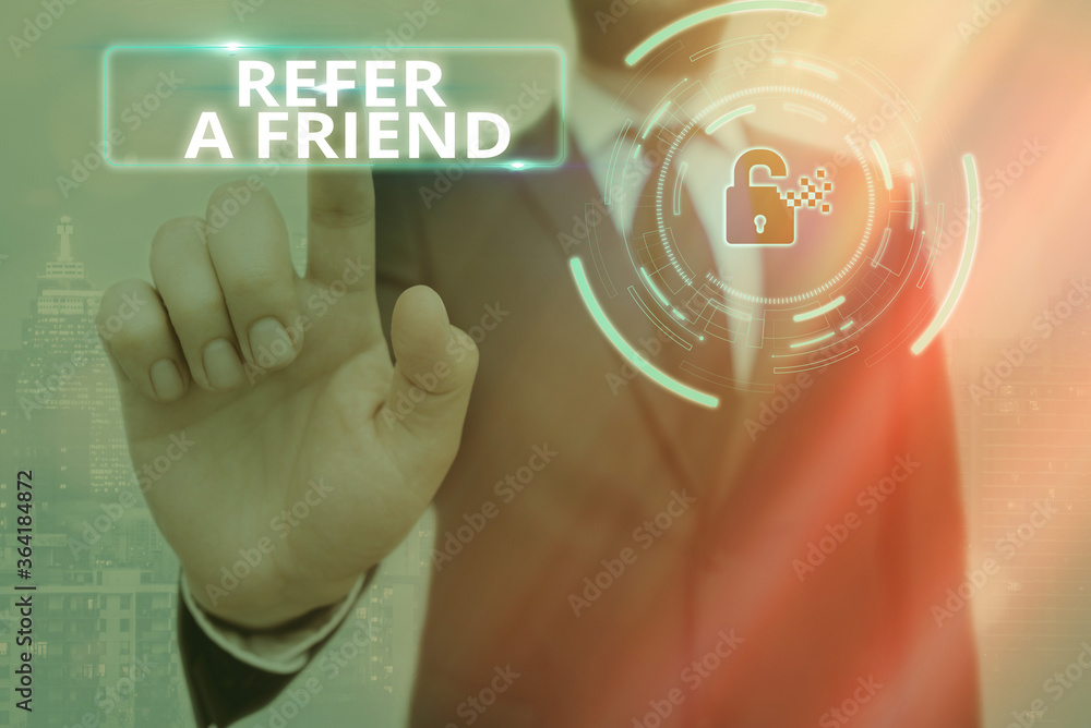Poster conceptual hand writing showing refer a friend. concept meaning direct someone to another or send hi