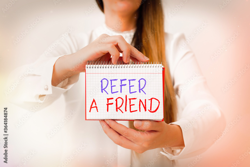 Poster text sign showing refer a friend. business photo text direct someone to another or send him somethin