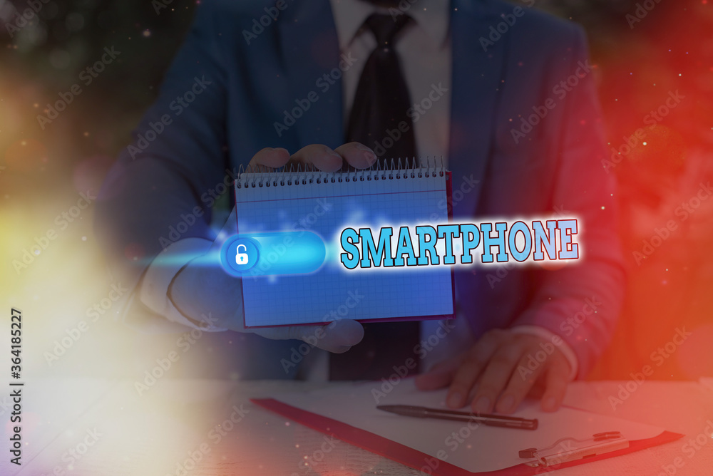 Aufkleber conceptual hand writing showing smartphone. concept meaning a mobile phone that performs many of the
