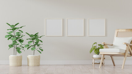Square poster mockup with Three  frames on empty white wall in living room interior, Living room,...