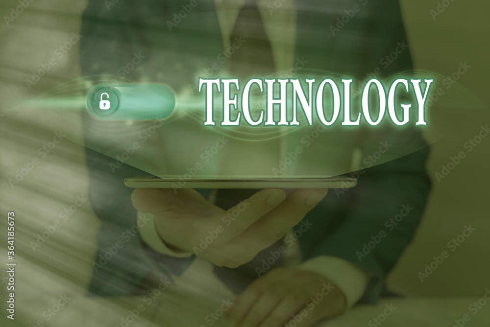 Poster handwriting text technology. conceptual photo use of scientific knowledge for practical purposes in 