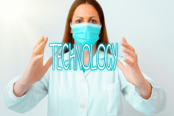 Text sign showing Technology. Business photo showcasing use of scientific knowledge for practical purposes in industry Laboratory technician featuring empty sticker paper accessories smartphone