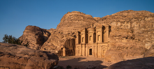The Monastery or Ad Deir in Petra ruin and ancient city of Nabatean kingdom UNESCO world heritage, Jordan, Arab. Panoramic banner portion