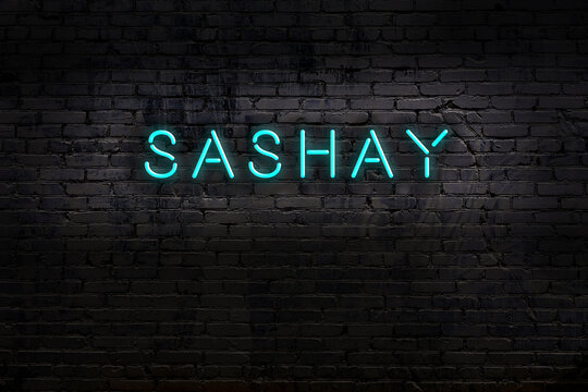 Neon sign. Word sashay against brick wall. Night view