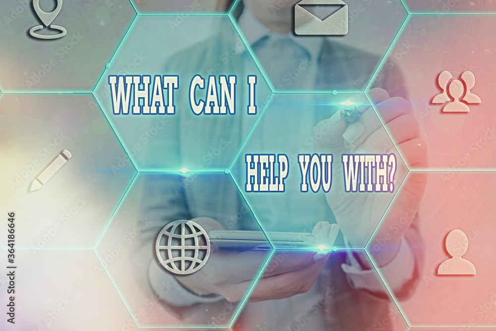 Poster word writing text what can i help you with question. business photo showcasing to make it possible f