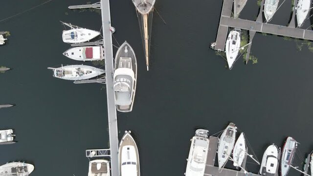 Aerial view of a large sailboat in the harbour