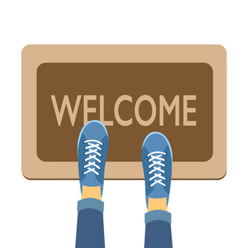 Welcome doormat with blue shoes in flat design concept vector illustration on white background.