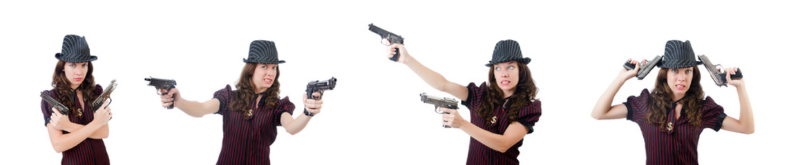 Young woman gangster with gun on white