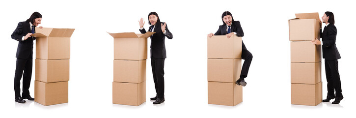 Funny man with boxes on white